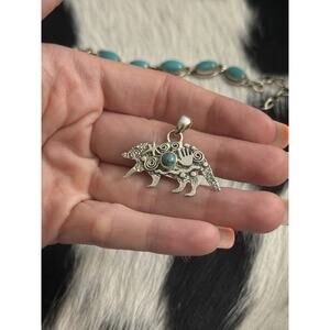 Native American Sterling Silver Turquoise Spiny Armadillo Picto Story Pendant